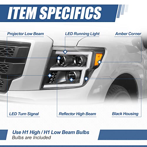 Auto Dynasty LED DRL Headlights Assembly for 2016-2024 Nissan Titan (XD) - color: Black / Amber, size: E-Style LED DRL / Halogen Low Beam