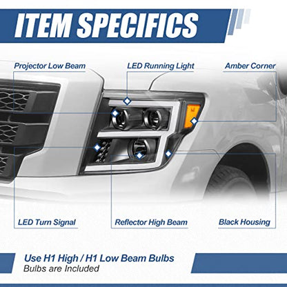 Auto Dynasty LED DRL Headlights Assembly for 2016-2024 Nissan Titan (XD) - color: Black / Amber, size: E-Style LED DRL / Halogen Low Beam
