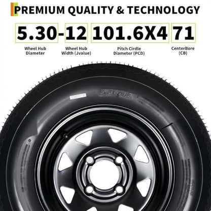 2-Pack 5.30-12 Trailer Tires with Rim, 6-Ply, 1050 LBS Load, 4 Lug on 4 in Bolt Pattern, 12x4 in Steel Wheel, Heavy-Duty All-Weather Tires for Utility, Boat Trailers - size: 5.30-12