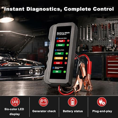 12V Car Battery and Alternator Tester, Digital Batteries Load Tester with LED Indicator & Alligator Clips, Easy to Use Analyzer to Check Alternator & Battery Charging System