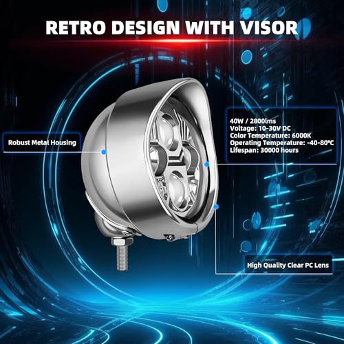 FATECIM 4.5” Motorcycle LED Fog Lights 4 1/2 inch Passing Lamps Driving Auxiliary Lights Spotlights + Housing Bucket with Visor for Harley Honda Kawasaki Suzuki Yamaha Cruiser Chopper Bobber Chrome - color: Chrome