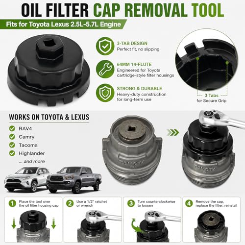 Aluminum Cup Wrench for Removing Toyota Oil Filter Caps, 64mm Flute, Fits 2.5L to 5.7L Engines, Black