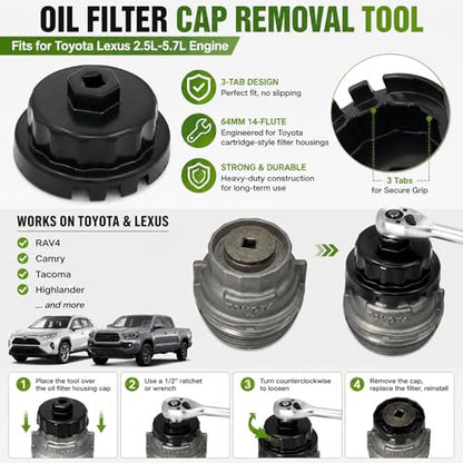 Aluminum Cup Wrench for Removing Toyota Oil Filter Caps, 64mm Flute, Fits 2.5L to 5.7L Engines, Black