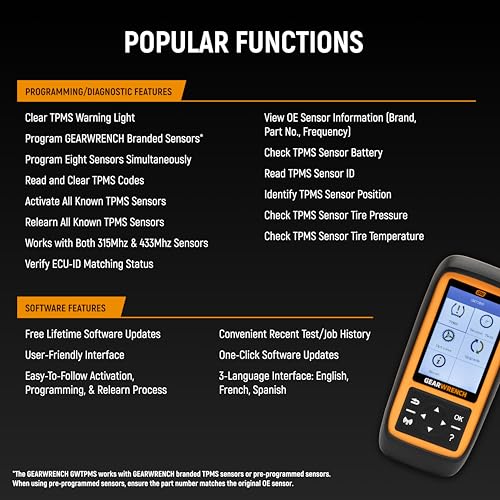 Bundle of GEARWRENCH Universal Tire Pressure Monitoring System Programming & Diagnostic Tool | GWTPMS + GEARWRENCH Universal Programmable Metal TPMS Sensor | GWTPMSM