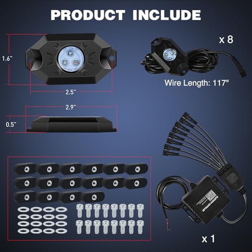 Nilight RGB LED Rock Lights Kit 8PCS Bluetooth App Control Multicolor - color: RGB 3LED w/Magnetic base, size: 8 Pods
