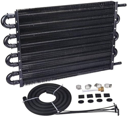 Universal 8 Pass Aluminum Engine Transmission Oil Cooler 6AN Size Fittings 3/8" Inch Hose Line End Heavy Duty High Performance Truck Trailer Towing Kit
