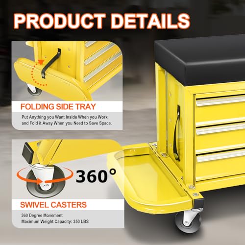 PM PERFORMOTOR 3-Drawer Tool Chest Rolling Mechanic Seat with Tool Trays,350lbs Max Weight Capacity, Yellow,PM-TOL-RST1-YL - color: Yellow