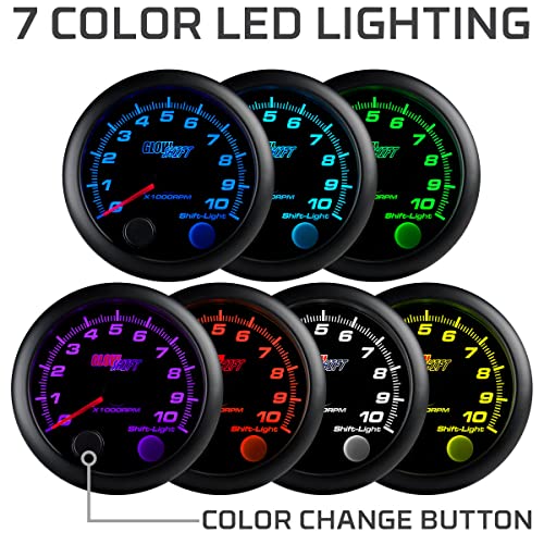 GlowShift Black 7 Color 10,000 RPM On-Dash Tachometer Gauge, 3-3/4" 95mm
