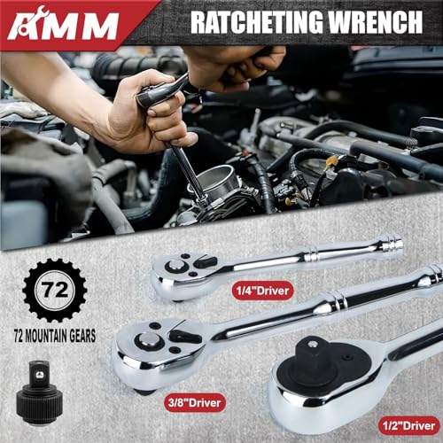 AMM Mechanics Tool Set, 1/4 in, 3/8 in and 1/2 in Drive socket set, 202 Piece