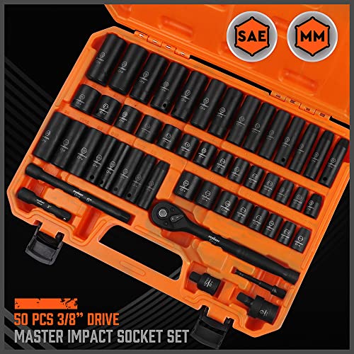 HORUSDY 50-Piece 3/8" Drive Impact Socket Set, Standard SAE (5/16 to 3/4 inch) and Metric (8-22mm) Size, 6 Point, Cr-V, 3/8-Inch Drive Ratchet Wrench, Drive Extension Bar, Impact Universal Joint - color: 50 Pcs Orange