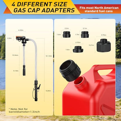 Fuel Transfer Pump with Auto-Stop Sensor, USB/Battery Powered Portable Gas Can Pump with 3.8 GPM High Flow, 51 Inch Long Hose & 4 Adapters, Leak-Free Transfer Pump for Gasoline, Diesel