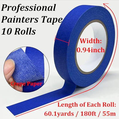 Premium Painters Tape, 10 Rolls Blue Tape Painters Masking Tape for Multi-Purpose, 601yds=10*0.94inch*60.1yds, Craft Adhesive Paint Tape for Walls, DIY Crafts Arts, Labeling, Decoration, Easy Removal - size: 10 Rolls, 0.94" x 60.1 Yds