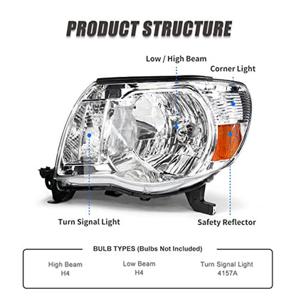 for 2005-2011 Toyota Tacoma Halogen Headlight W/O Bulbs - color: Chrome Housing