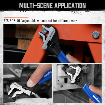 HORUSDY 3-Piece Adjustable Wrench Set (6/8/10 in), Wide Jaw Black Oxide Finish, Cr-V Steel, Metric & SAE Scales, Adjustable Spanner Set for Home Garage Workshop - style: 3PC Wide Jaw Set (6" 8" 10")