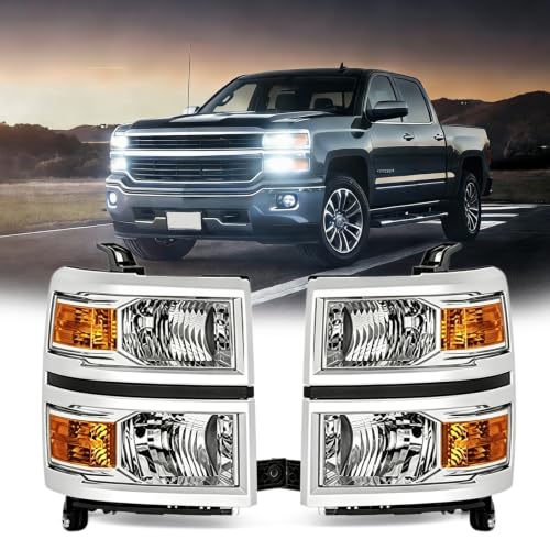 Headlight Assembly for 2014 2015 Chevy Silverado 1500 Headlights - color: Chrome Housing+ Amber Reflector