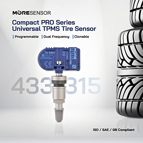 MORESENSOR Compact PRO Series Dual Frequency Universal Programmable TPMS Tire Pressure Sensor 5-Pack | 315 + 433 MHz | Clamp-in Aluminum Valve | TX-K001-BL-5
