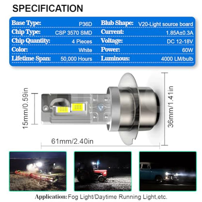 SOFOC P36D LED Bulbs High/Low Beam For Motorcycle/Car Fog Light Bulb DC 12V-18V 60W 4000Lm Super Bright 3570 4SMD White 1PCS