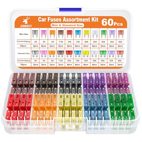 JOREST 60Pcs Car Fuse Assortment Kit - Replacement for Car/RV/Truck/Motorcycle(2Amp 3A 5A 7.5A 10A 15A 20A 25A 30A 35A 40A) - 30 Mini Blade Fuses Automotive + 30 Standard Auto Fuses + Fuse Puller - style: 60pcs mini & standard