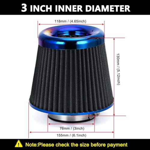 Cold Air Intake Filter, High Performance, Washable Filter, Clamp-On Replacement Air Filter, Flange Diameter 3inch/76mm Black - color: Black