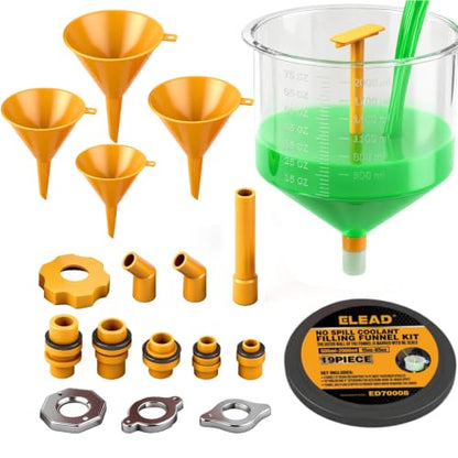 ELEAD No-Spill Coolant Funnel Kit - 19-Piece Radiator Funnel burping kit, coolant Bleeder kit, Extra Funnels and Adapters for Universal Vehicle - color: Multi-use Version Yellow