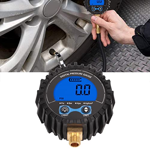 LCD Display Digital Tire Pressure Gauge, Four Unit 3?200PSI Wheel Tyre Air Inflator Monitoring Tester M11x1 Thread Blue Backlight Inflator Tool