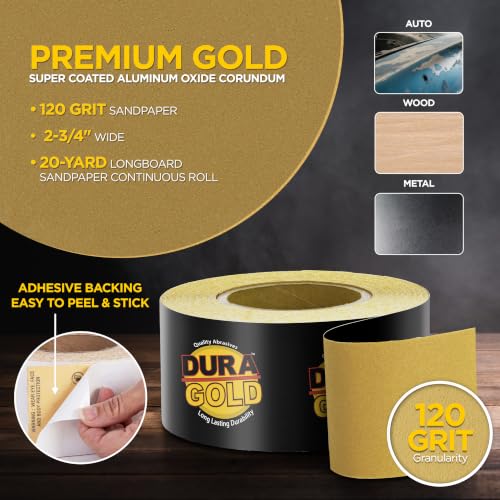Dura-Gold Gold PSA Longboard Sandpaper, 120 Grit, 20 Yard Roll, 2-3/4" Wide - size: 120-Grit