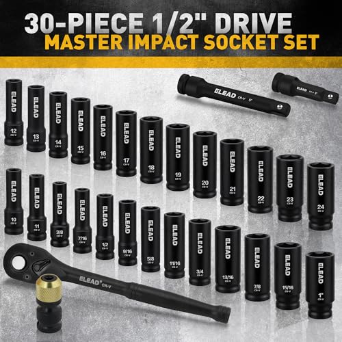 ELEAD 1/2" Drive Deep Impact Socket Set: 30-Piece Standard SAE (3/8 to 1 Inch) and Metric (10-24mm) Size, 3" and 5" Drive Extension Bar, Ratchet Handle, Bit Adapter, CR-V Steel for Auto Repair - color: 30pcs 1/2'' Drive Impact Socket Set Black
