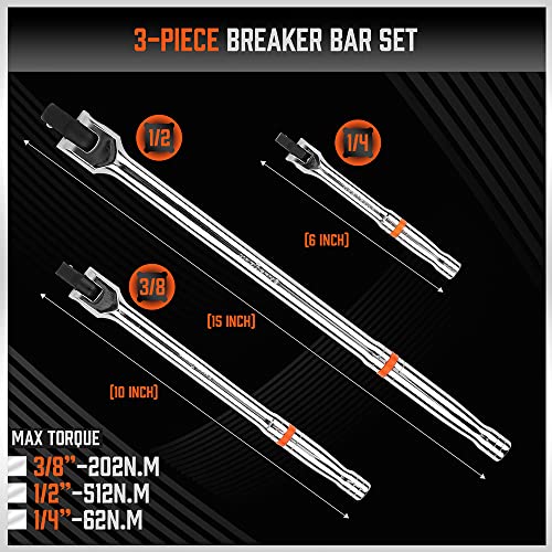 HORUSDY 3-Piece Breaker Bar Set with 180° Rotatable Head, 1/4'', 3/8'' and 1/2'' Drive, 6'', 10'', 15'' Length, Heavy Duty Breaker Bars with Chrome Vanadium Steel - color: Breaker Bar Set Silver