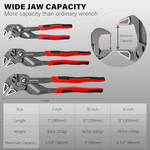 HAUTMEC 3PCS Adjustable Pliers Wrench Sets (7 10 12"), Smooth Jaw Parallel Pliers, Heat-Treated CR-V Steel & Phosphated Rust-Resistant, SAE/Metric Scale, Storage Belt Pouch for Professional & DIY - color: 7&10&12 Inch