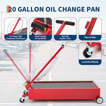 20 Gallon Low Profile Oil Drain Pan with 110V Electric Pump, Large Capacity Rolling Oil Change Tank, 8.2ft Discharge Hose & Folding Handle for Trucks, Buses, RVs and Cars - color: Red, size: 20 Gallon with 110V Electric Pump & Gloves