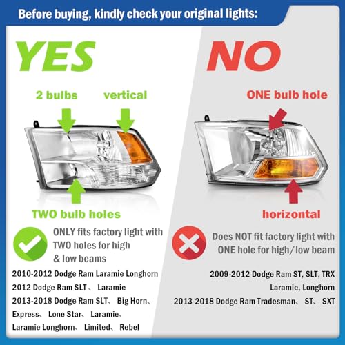 Headlights for 2009-2018 Dodge Ram with High/Low Beam Bulbs - color: Chrome | With High & Low Beam Bulbs