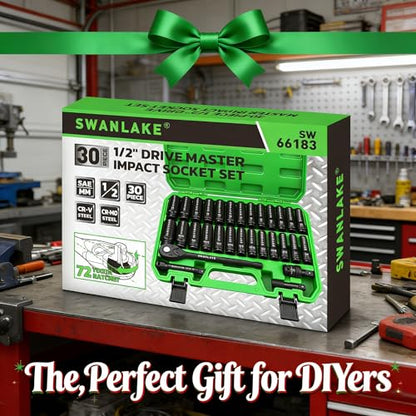 30-Piece 1/2" Drive Impact Socket Set, Standard SAE (3/8-1 inch) and Metric (10-24mm) 6 Point CR-V Steel Deep Socket, Ratchet Handle, 3" & 5" Extension Bar, CR-MO Impact Universal Joint - style: 1/2'' 30PCS