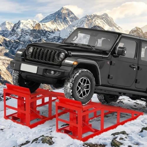 Car Ramps 12,000lbs Capacity – Heavy Duty Low Profile Steel Lift Ramps (2 Pack) with Adjustable Height 9.5" to 18" for Trucks, Trailers, SUVs & Garage Vehicle Repairs-Red