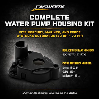 FASWORX 46-77177A3 Complete Water Pump Impeller Repair Kit Replacement for Mercury Mariner Force Outboard 30-70 HP 2-Stroke, Includes Upper Housing & Lower Base - Replaces Sierra 18-3324, 77177A3
