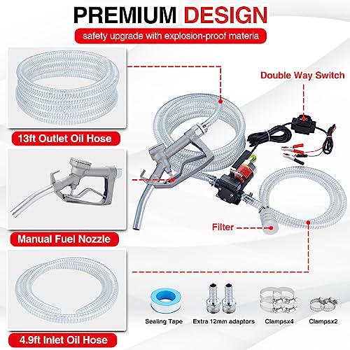 TOPWAY 12V DC Gasoline Fuel Pump Kit, Self-priming Oil Transfer Pump with Handle, Reversible Pumping, Overheat Protection, Explosion-Proof, Oil Hose, Nozzle for Gasoline Fuel Diesel Kerosene Removal - style: 12V 3.7GPM KIT