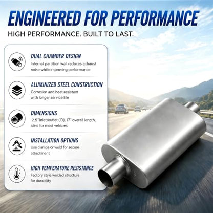 Universal 2.5" ID Center/Center Dual Chamber Muffler - Aggressive Deep Sound, Silver Aluminized Steel, Welded/Clamp-On (17" Total Length) - color: Silver, size: 2.5 Inch