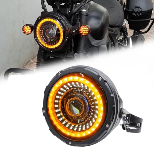 7inch Flowing White/Amber DRL Motorcycle Start-up Headlight with Aluminum Alloy Housing Bucket 32-40mm Lamp Shell Fork Tube Bracket - color: Amber w/ Housing