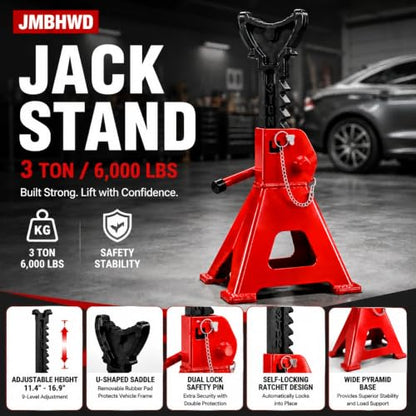 Jack Stands 3 Ton Jack Stand with Double Pin Locking, Safety Stands for Home Garage Vehicle Repair Mens Tools for Car, 1 Pair, Red - color: Red