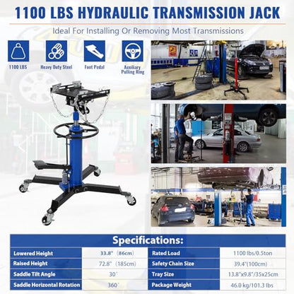 1100 Lbs Transmission Jack | 1100 lbs capacity, 2-stage lift, 33.8-72.8", foot pedal, swivel wheels, heavy-duty.