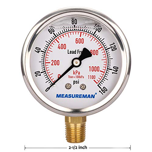 MEASUREMAN Lead-Free Pressure Gauge, 2-1/2inch Dial, Glycerin Filled, 0-160psi/kpa, Stainless Steel Case, 1/4inchNPT Lower Mount - size: 0-160 psi, style: Lower Mount(Lead-Free)