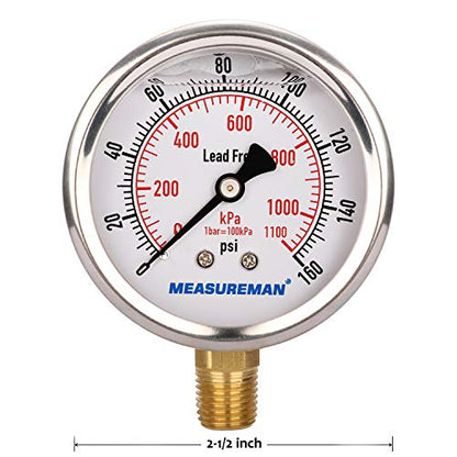 MEASUREMAN Lead-Free Pressure Gauge, 2-1/2inch Dial, Glycerin Filled, 0-160psi/kpa, Stainless Steel Case, 1/4inchNPT Lower Mount - size: 0-160 psi, style: Lower Mount(Lead-Free)