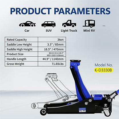 3T Low Profile Steel Floor Jack, 6600 lb, Dual Pump, 3.3"-18.5" Lift, Blue - size: 3T Dual Pump 3.3"-18.5"