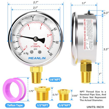 MEANLIN MEASURE -30inHG~60Psi Stainless Steel 1/4" NPT 2.5" FACE DIAL Vacuum Pressure Gauge, Lower Mount, with 1/2" NPT and 3/8" NPT Hex Bushing - size: -30inHG-60Psi
