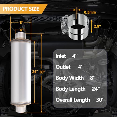 4 Inch Exhaust Muffler with Clamp, 4" Inlet/Outlet 30" Overall Length Resonator, Stainless Steel Straight Through Design Performance Muffler with Clamp, 1 PC - size: 4'' inlet, 8'' body width