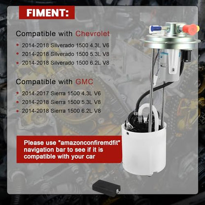 E4123M Electric Fuel Pump Module Assembly Compatible with Chevrolet Silverado 1500 GMC Sierra 1500 2014-2018 4.3L 5.3L 6.2L V6 V8 Replace# 13513407 13582491 SP6714M FG1832