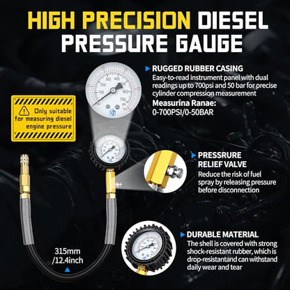 Kuntech 46PCS Compression & Leak Down Tester Kit Dual-Gauge for Petrol/Diesel Engines, Cylinder Leak Detector with Quick-Connect Hose, Compression Tester Kit for HDI, TDCi, Pumpe Duse Engine