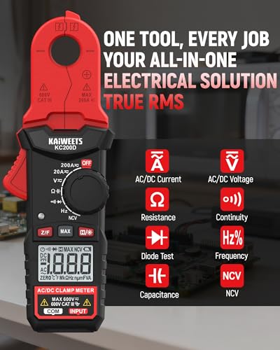 KAIWEETS DC Clamp Meter 200A AC/DC Amp Meter True RMS Compact Multimeter - color: Red