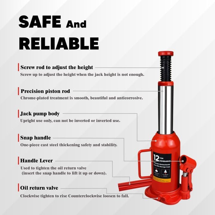 Hydraulic Bottle Jack with Carrying Case, 12 Ton (26,455 lb) Capacity 7.9-16.2 inch Lifting Range, Muti-Directional Welded Bottle Car Jack for Car, Truck, RV, Pickup Truck, Auto Repair - size: 12 Ton