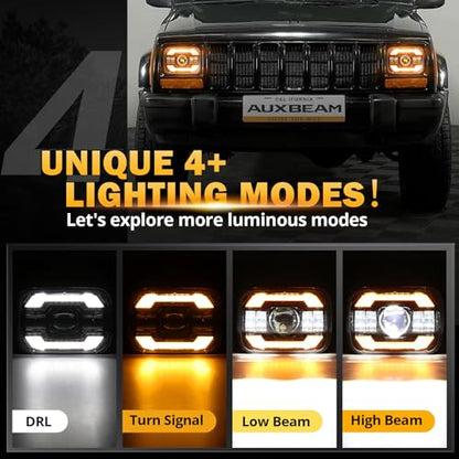 Auxbeam 5x7 7x6 LED Headlights H6054 For Jeep Cherokee XJ Wrangler YJ-Black - color: Black with black frame