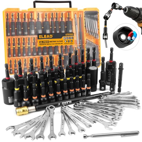 58-Piece Magnetic Impact Nut Driver Set, Metric & SAE Mini Combination Wrench Set, Impact Socket Adapter, 3LBS Magnetic Pickup Tool, Wing Nut Driver, Universal Socket, 1/4'' Quick-change Bit Extension - color: 58-piece New Version